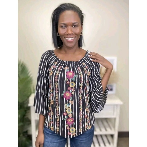 Savanna Jane Tops - Savanna Jane Size Medium Black Striped Blouse Floral Embroidery Western...